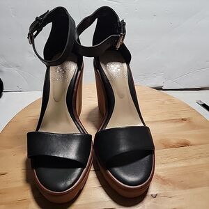 VINCE CAMUTO GRETAM WEDGE SANDAL  Size 6.5 M BLACK SOFT SILKY LEATHER